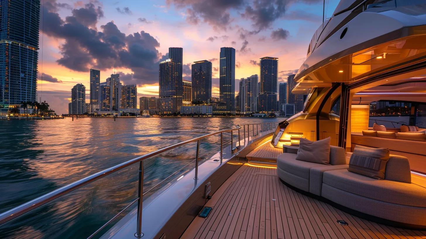 an opulent yacht gliding through the glimmering miami skyline at sunset, elegantly set up for a sophisticated corporate event, showcasing luxurious seating, ambient lighting, and a backdrop of the city's iconic architecture.