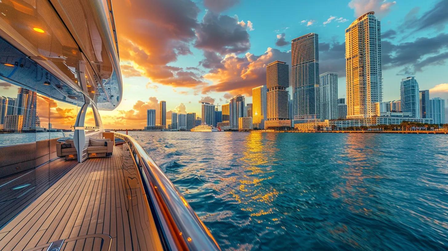 an opulent yacht glistens on the azure waters of miami, showcasing a luxurious deck adorned with plush furnishings and a backdrop of sleek high-rise buildings, epitomizing exclusivity and bespoke service in a vibrant urban setting.