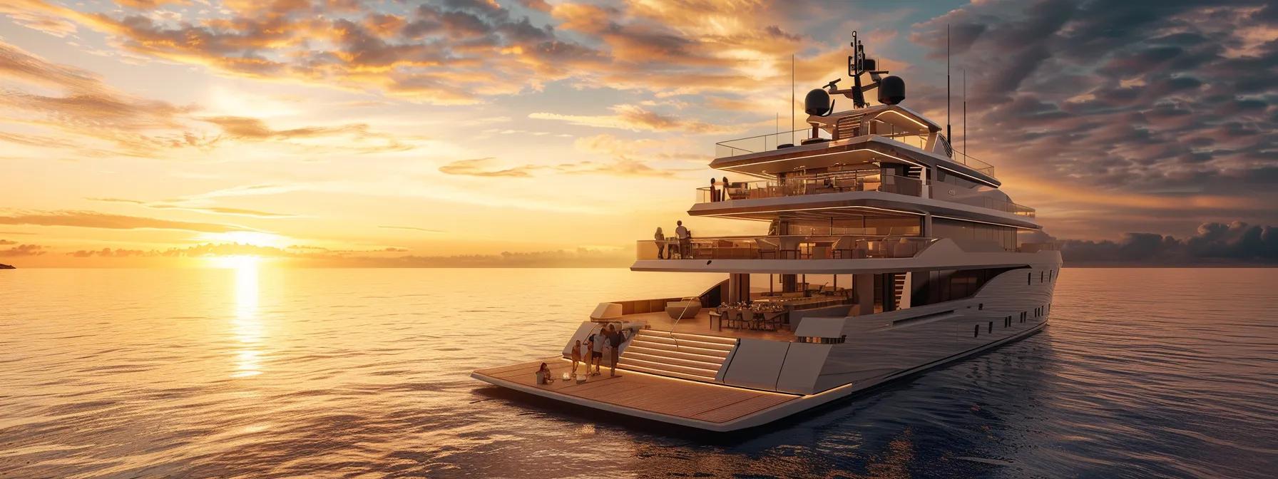 an opulent yacht floats serenely on azure waters, with elegant guests socializing on the deck, engaging in gourmet dining and lively conversations against the backdrop of a breathtaking sunset.