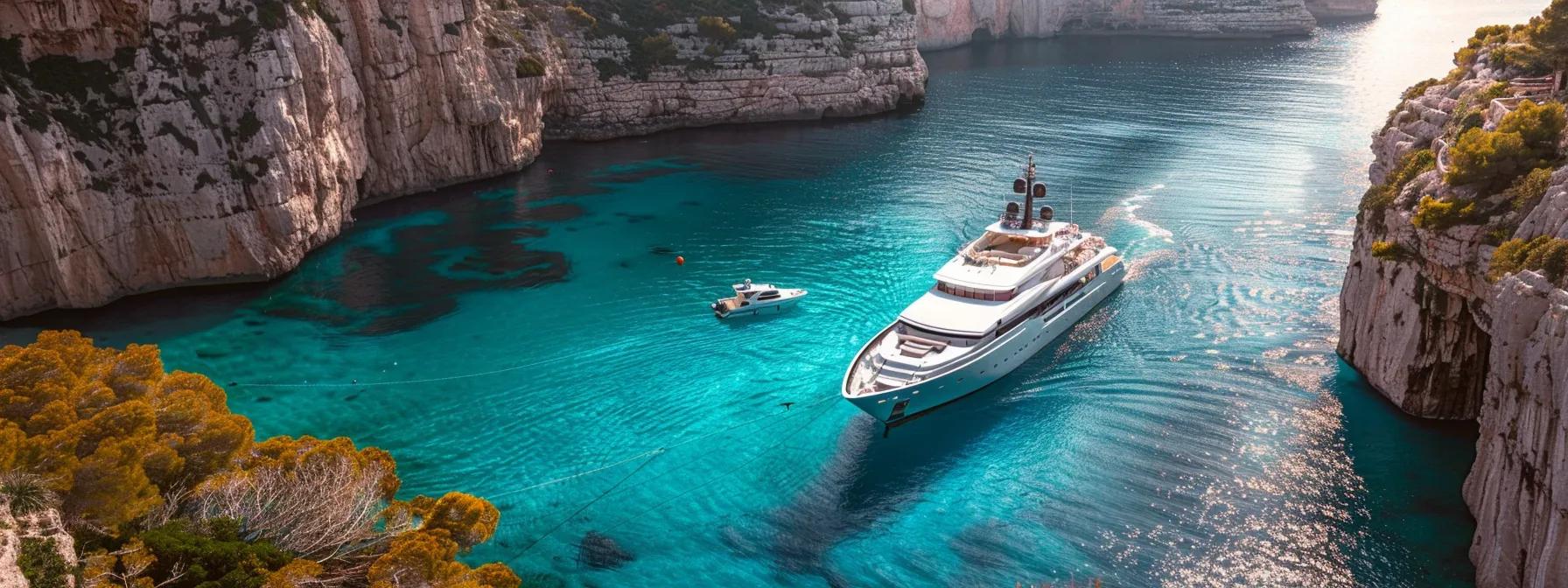 a luxurious yacht gracefully anchored in a pristine turquoise harbor, surrounded by stunning coastal cliffs and vibrant beach clubs, capturing the essence of exclusive holiday destinations.