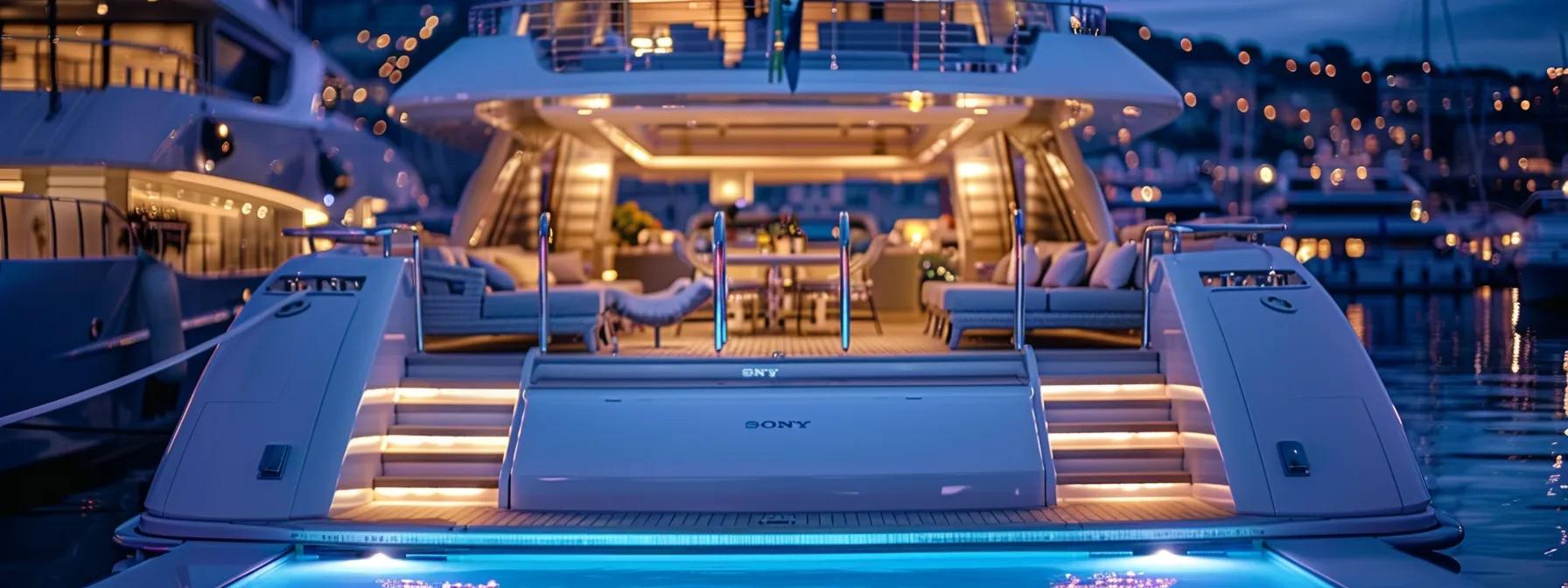 Luxury yacht with illuminated deck and swimming pool, showcasing elegant outdoor seating and a sophisticated ambiance, ideal for bespoke vacations and celebrations.