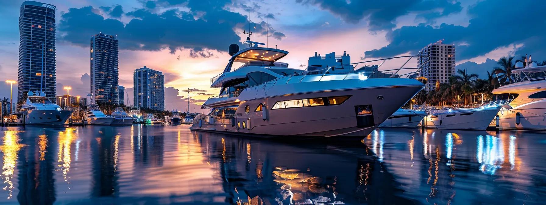 a sleek, modern boat docked at a bustling marina in fort lauderdale, surrounded by stylish yachts and plush amenities, reflecting the luxurious yet budget-conscious options available for boat charters.