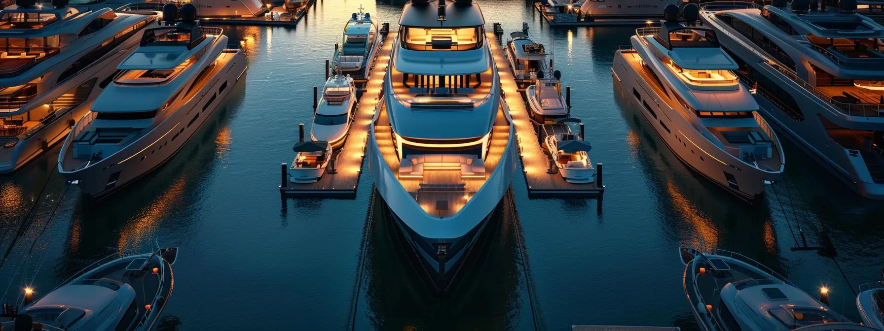 a sleek, modern yacht marina bustling with upscale amenities, featuring stylish lounges, elegant dining areas, and exclusive networking spaces that showcase a vibrant atmosphere of luxury and social interaction among elite patrons.