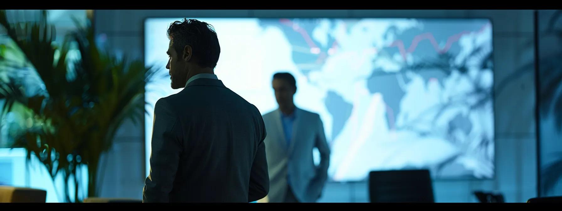 a sleek office environment features a professional discussing yacht charter options with a client, illuminated by soft, contemporary lighting, and a digital map of the miami to bahamas route displayed on a modern screen in the background.