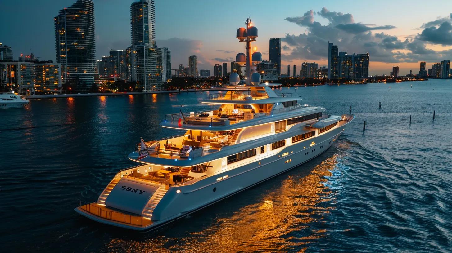 Luxury crewed yacht illuminated at dusk, gliding through Miami waters with skyline in background, showcasing premium amenities and elegant design, ideal for upscale charters and events.