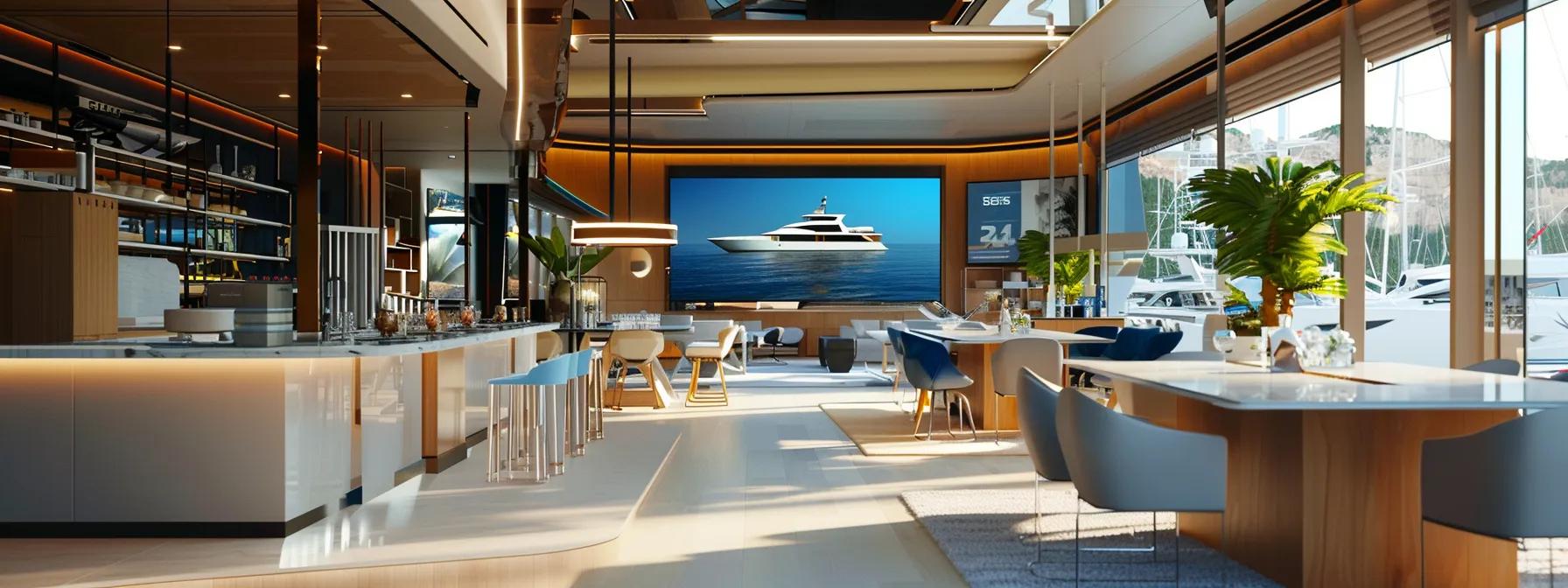 a dynamic indoor scene of a stylish event planning office, featuring a modern digital display of stunning boat rental options, vibrant mood boards for décor and catering, and a collaborative team engaging in a brainstorming session, highlighting the meticulous steps to organize a memorable boat party.