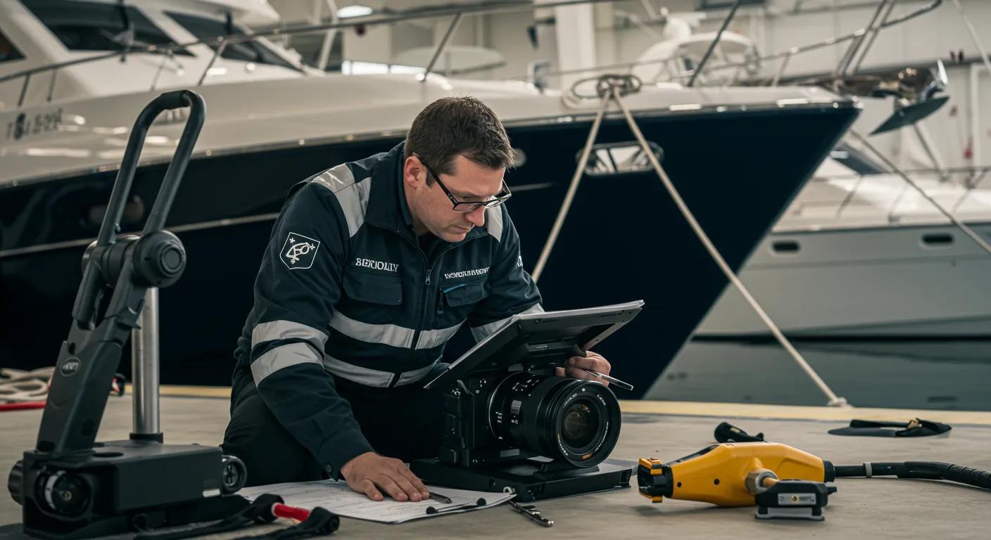 a certified maritime inspector meticulously examines the sleek hull of a luxury yacht in a polished marina setting, with modern tools and equipment strategically arranged to emphasize the thoroughness of the vessel inspection process.