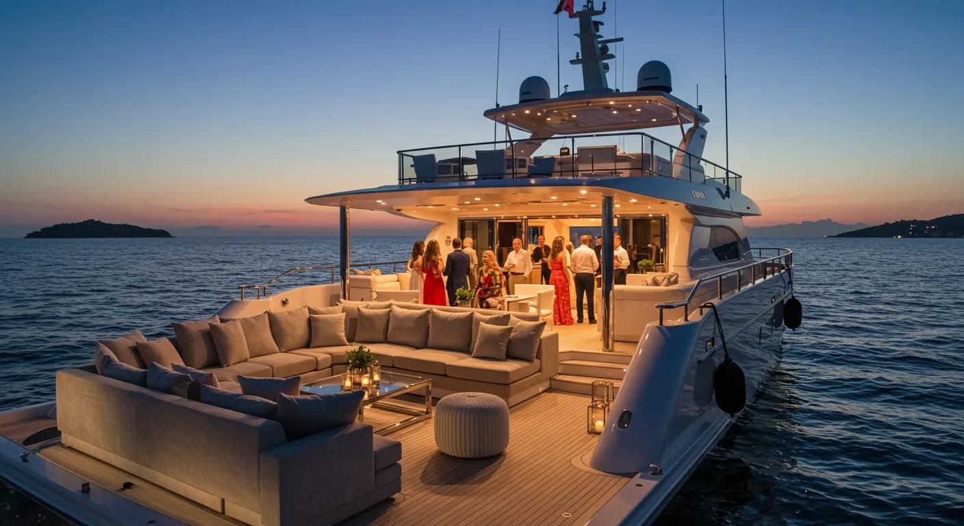 Luxury yacht charter with spacious outdoor seating and elegant evening gathering, ideal for private events and celebrations.