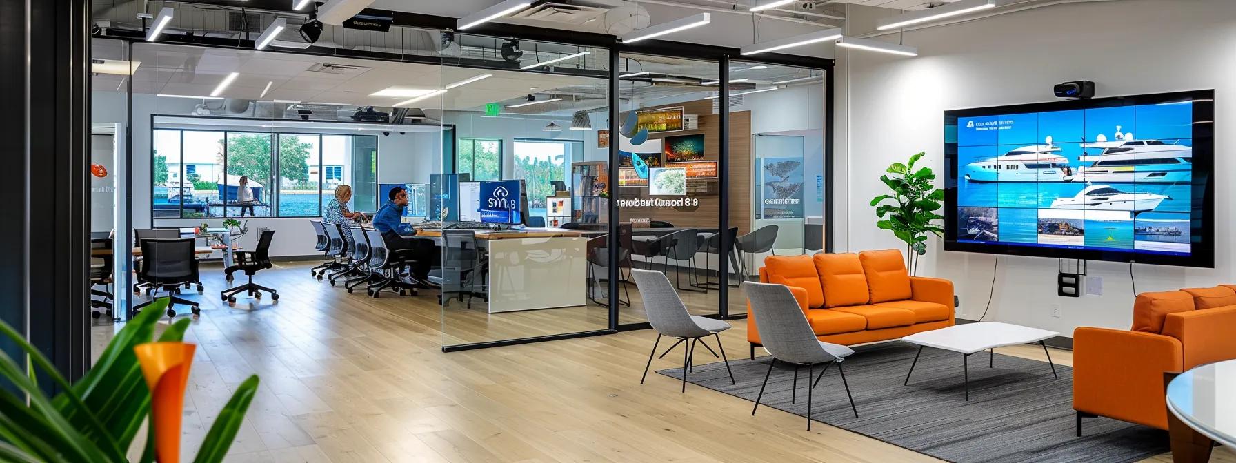 a sleek, modern office workspace features a large screen displaying a vibrant digital presentation of fort lauderdale's top boat charters, complete with an array of faqs, while a professional engages in an animated discussion with clients, exuding confidence and clarity about their maritime adventure.