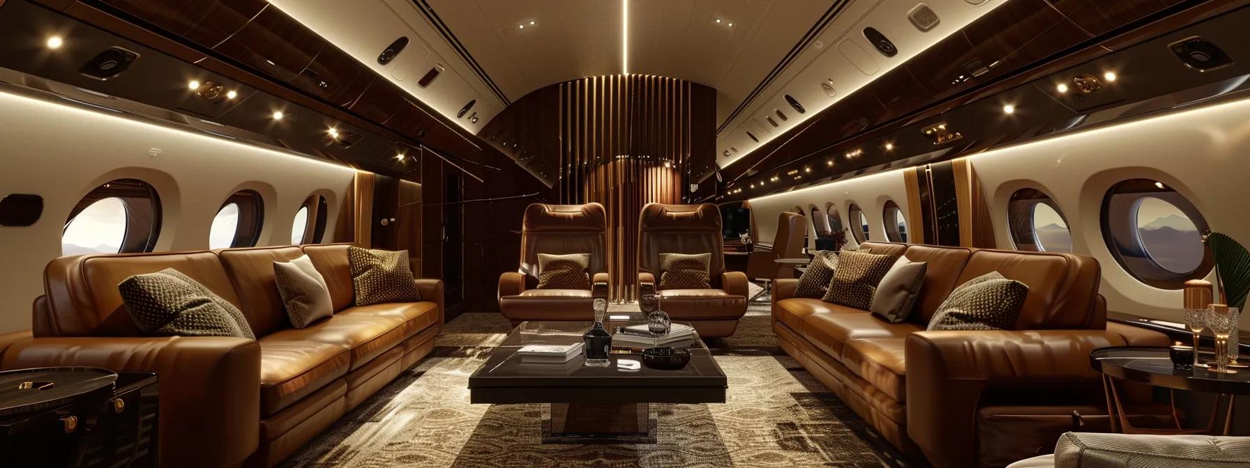 a luxurious private jet interior, featuring plush leather seating, polished wood accents, and ambient lighting, set against the backdrop of an open-air airport hangar in the dim evening light, emphasizing the elegance and exclusivity of bespoke travel experiences.