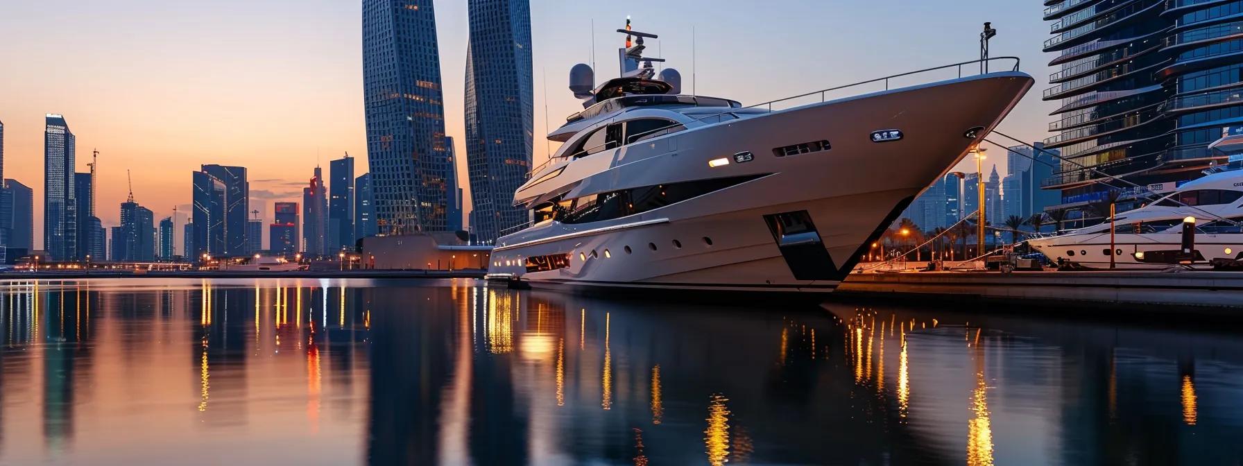 a sleek, modern luxury yacht with innovative design features is docked in a sophisticated marina, showcasing reflections of cutting-edge technology and sustainability in its polished surfaces against a twilight urban skyline.