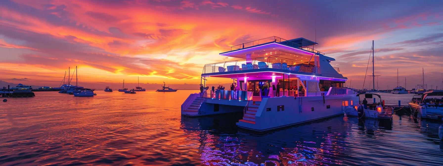 a luxurious catamaran party boat, elegantly decorated with themed décor and gourmet catering setups, anchored against a vibrant sunset backdrop in a bustling coastal marina, conveying a sense of exclusive celebration and high-end experience.