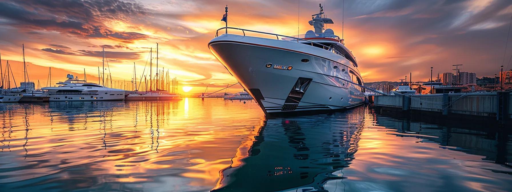 Luxury yacht docked at sunset in a marina, reflecting vibrant colors on the water, highlighting the premium yacht rental experience.