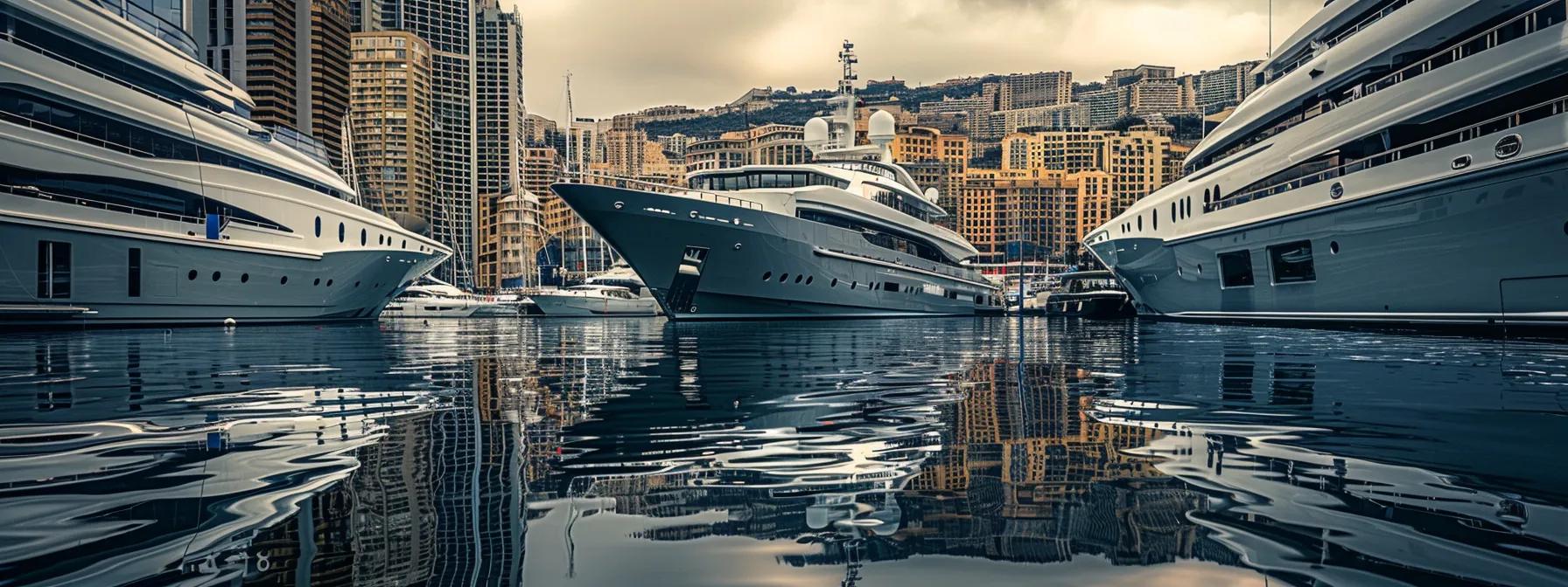 a luxurious yacht is anchored in a sleek modern marina, surrounded by elegant buildings, with a team of professionals meticulously inspecting and managing the vessel, epitomizing comprehensive yacht management services.