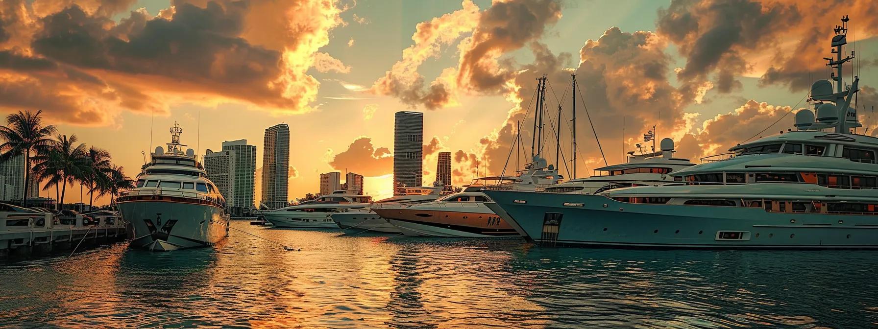 a stunning array of luxurious yachts, ranging from sleek motor vessels to elegant sailing boats, is elegantly displayed in a bustling miami marina under the warm glow of sunset, each one promising an unforgettable adventure to the inviting turquoise waters of the bahamas.