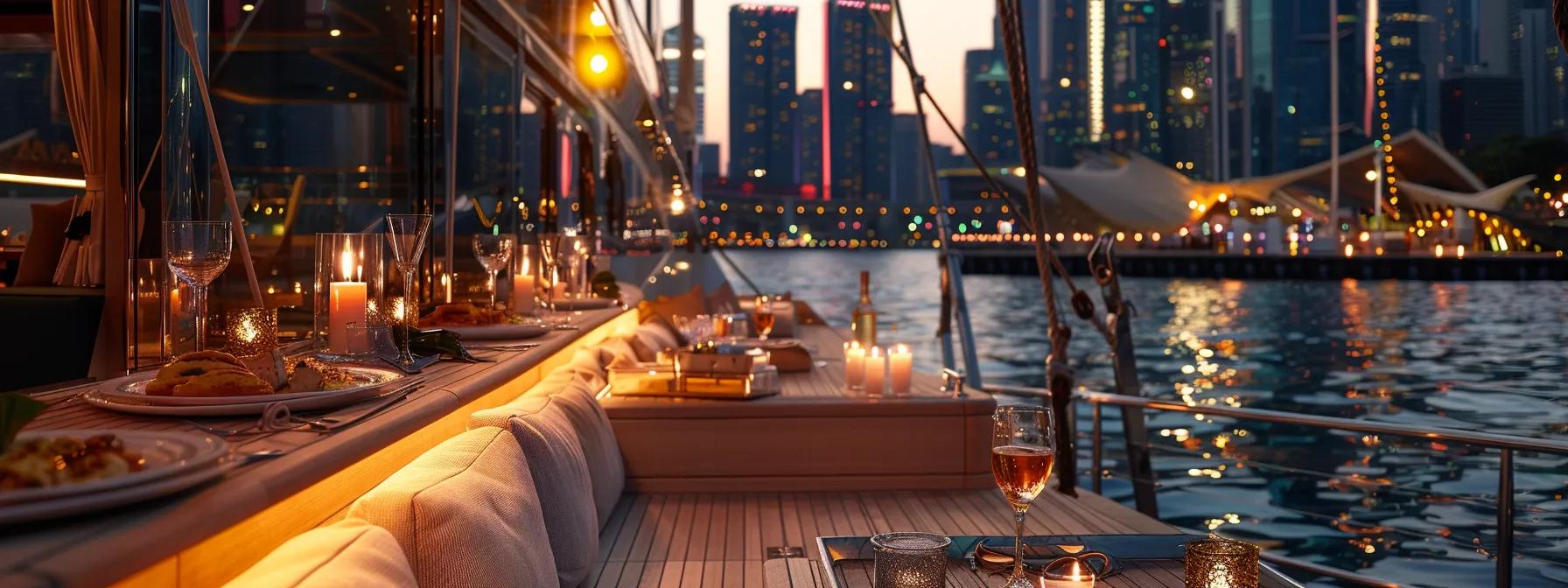 a luxurious boat deck elegantly set with gourmet cuisine and stylish cocktails, surrounded by guests enjoying dynamic entertainment against the backdrop of a vibrant evening skyline.