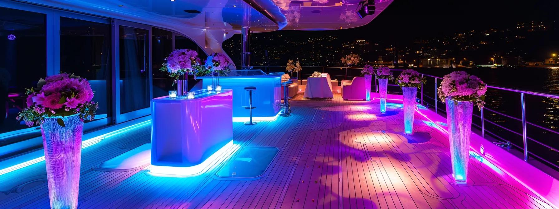 a vibrant yacht deck is elegantly set for a luxurious boat wedding reception, adorned with sophisticated table arrangements, ambient lighting, and a stylish dance floor, encapsulating the essence of upscale celebrations on the water.