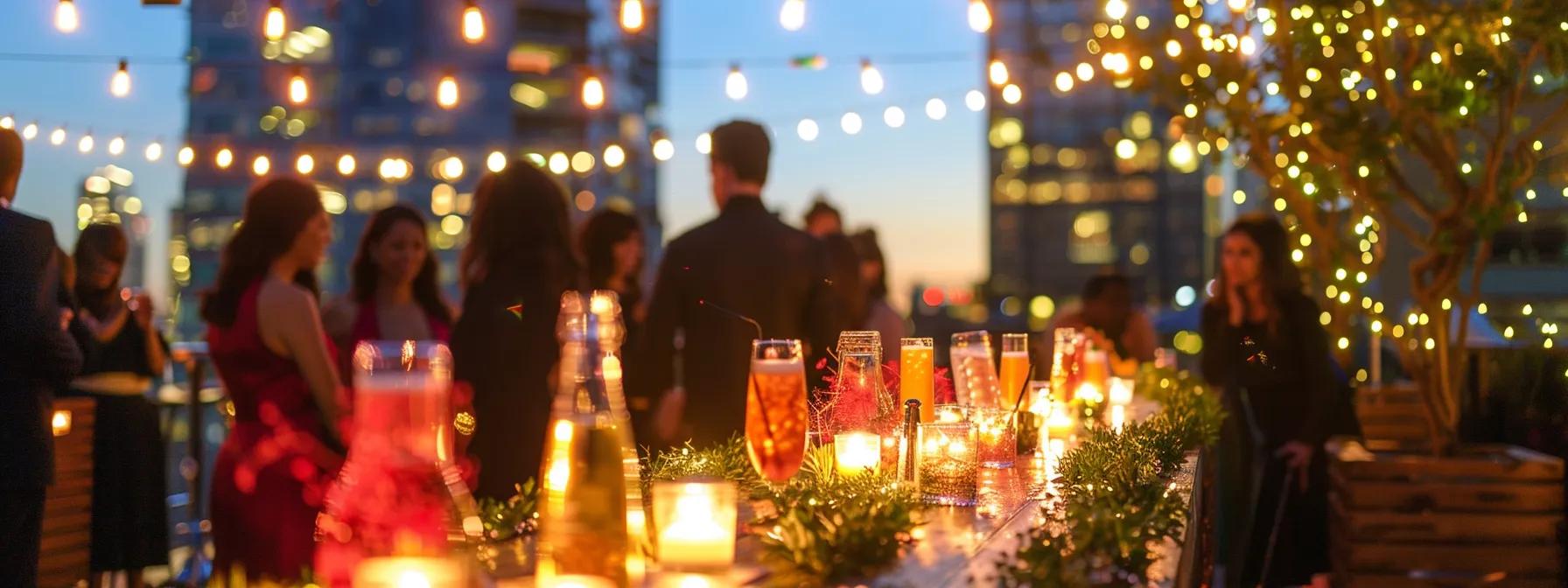 a vibrant urban rooftop setting showcases a stylish bachelorette party, with a beautifully arranged table featuring elegant cocktails, chic decorations, and guests mingling joyfully against a backdrop of twinkling city lights.