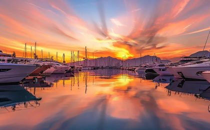 a bustling yacht marina at sunset, showcasing luxurious yachts and sleek motorboats docked amidst vibrant reflections in the water, framed by modern waterfront establishments and a colorful sky.
