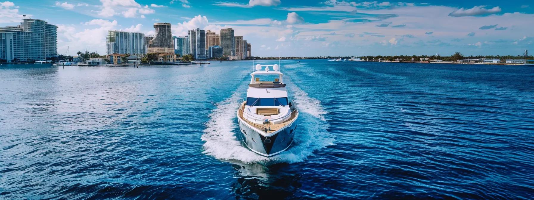 an elegant boat glides through the sparkling blue waters of fort lauderdale, showcasing luxurious amenities and a vibrant skyline backdrop, highlighting the allure of personalized maritime adventures.