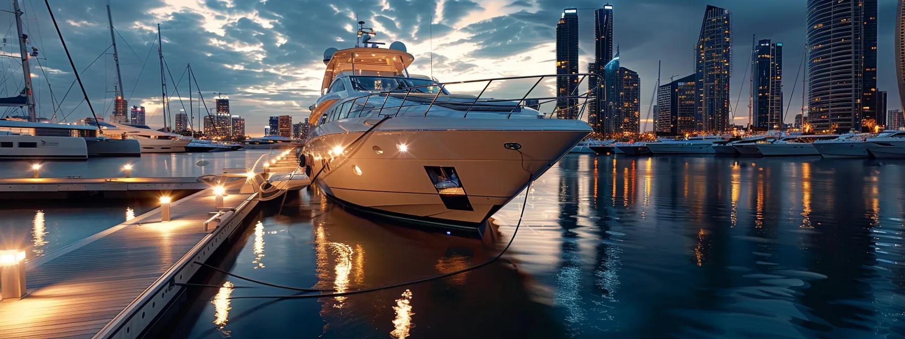 a luxurious yacht, gleaming under stylish interior lighting, showcases its elegant design and high-end features against a sophisticated urban marina backdrop, inviting elite buyers to explore modern marine craftsmanship.