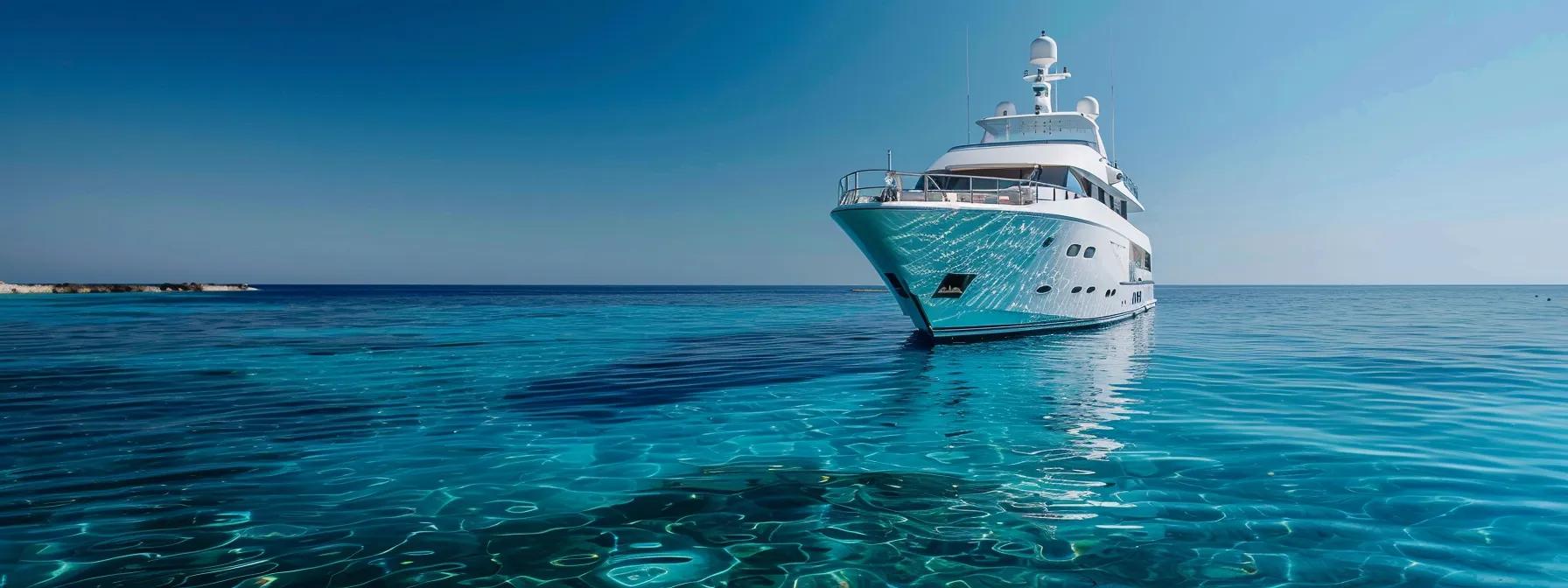 a sleek luxury yacht glides through crystalline blue waters under a clear azure sky, elegantly showcasing its opulent design and inviting ambiance as it anchors near a secluded coastal villa, epitomizing exclusive travel experiences on the open seas.