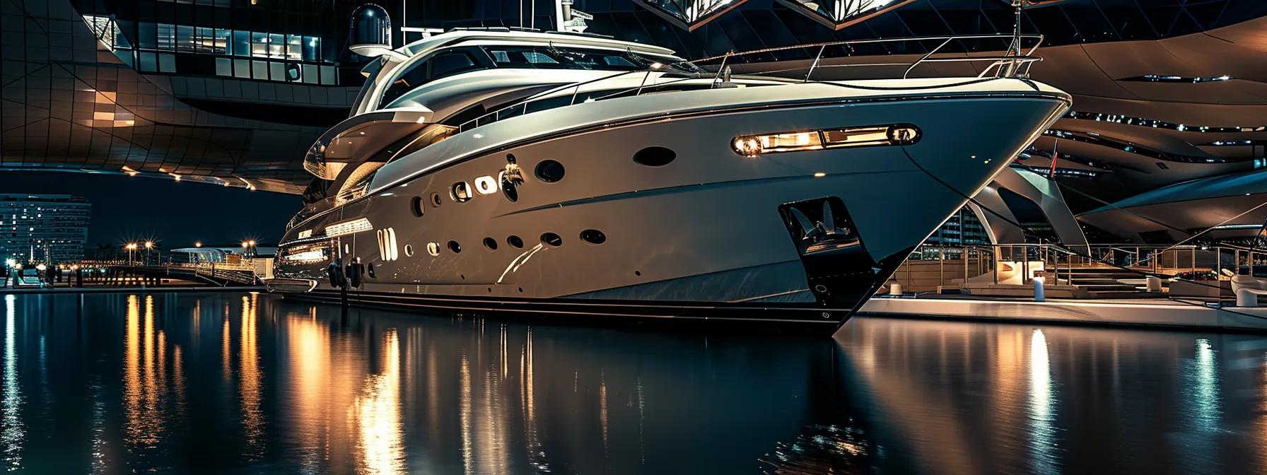 a sleek luxury yacht glistens under the bright lights of a modern marina, showcasing its elegant design and polished finishes, surrounded by sophisticated onlookers discussing its exceptional performance and comfort.