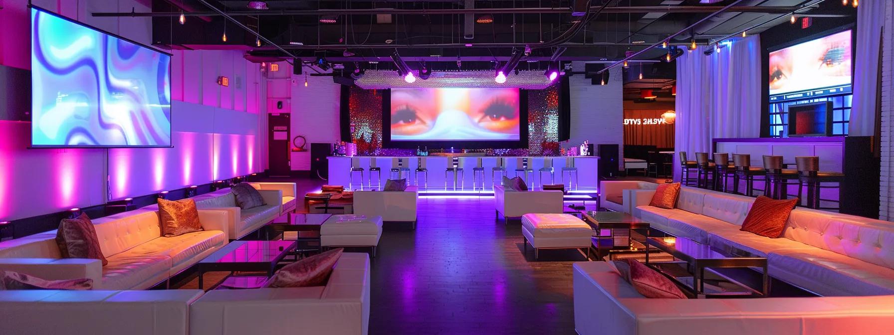 a sleek, modern bachelorette party venue filled with stylish decor and elegant seating arrangements, showcasing a vibrant atmosphere ideal for celebration, with a large screen displaying rental price options.