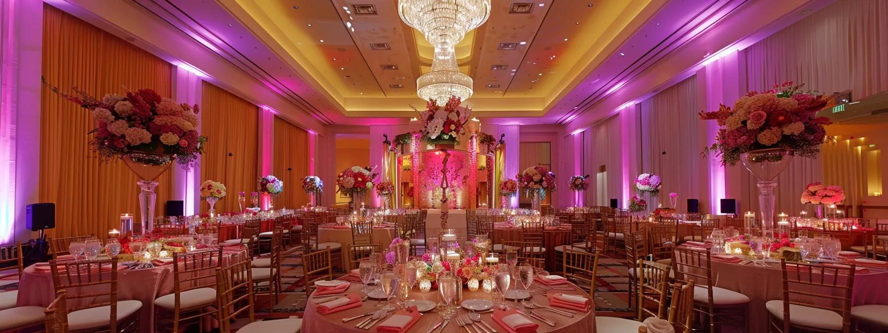 a vibrant and elegantly arranged banquet hall showcases a customizable party setup, featuring chic décor, tailored table settings, and an enticing buffet display, reflecting a blend of personal style and event theme.