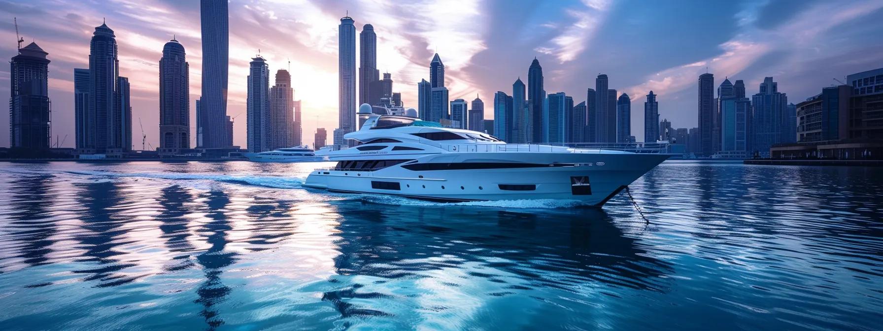 Luxury yacht cruising through tranquil waters, surrounded by a skyline of modern skyscrapers at sunset, highlighting Moretti Yachts' premium rental services.
