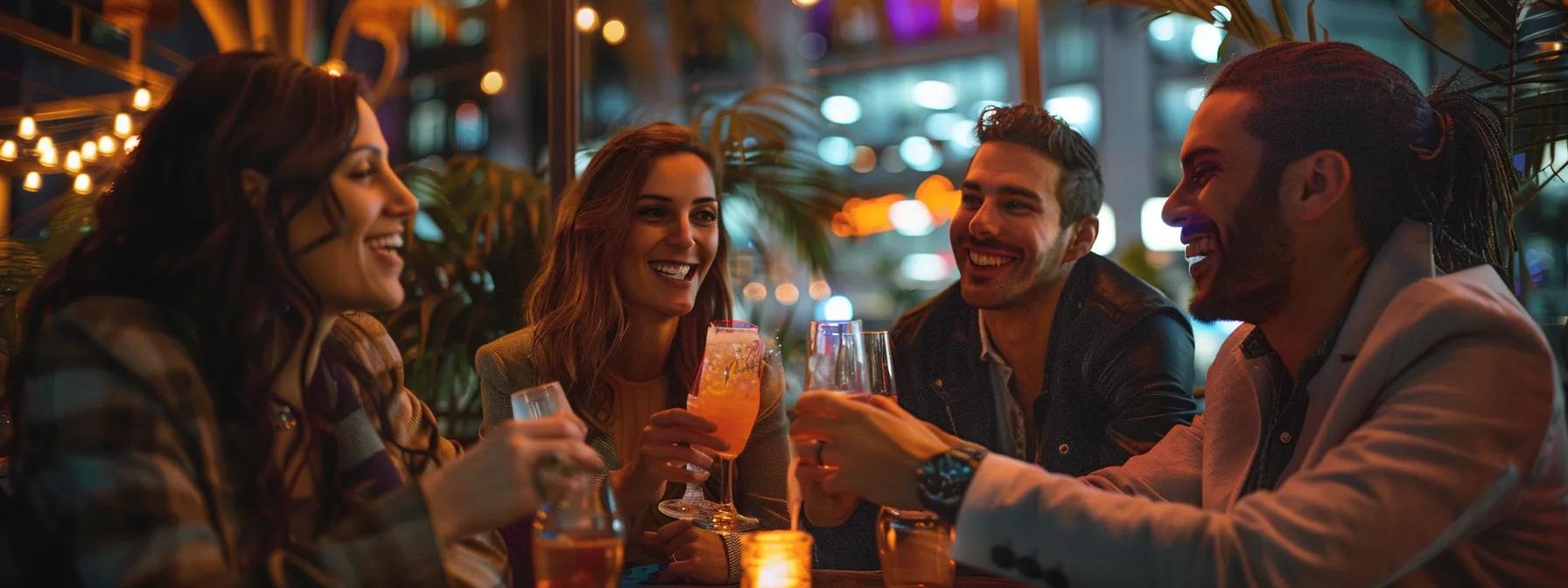 a stylish urban lounge setting with vibrant decor and a lively atmosphere captures a group of excited friends toasting drinks, embodying the perfect blend of enjoyment and celebration for a memorable bachelorette party.