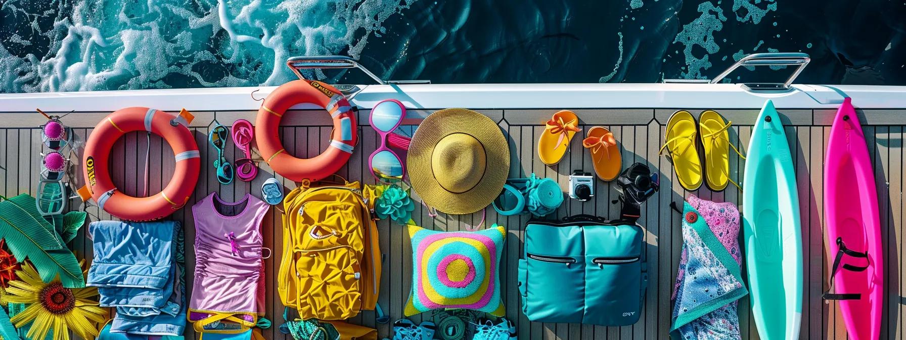 a stylishly arranged overhead shot of a vibrant travel packing scene, featuring colorful tropical clothing, sleek swimwear, and essential water activity gear artfully laid out against a polished yacht deck backdrop, emphasizing the essentials for a chic yacht charter.