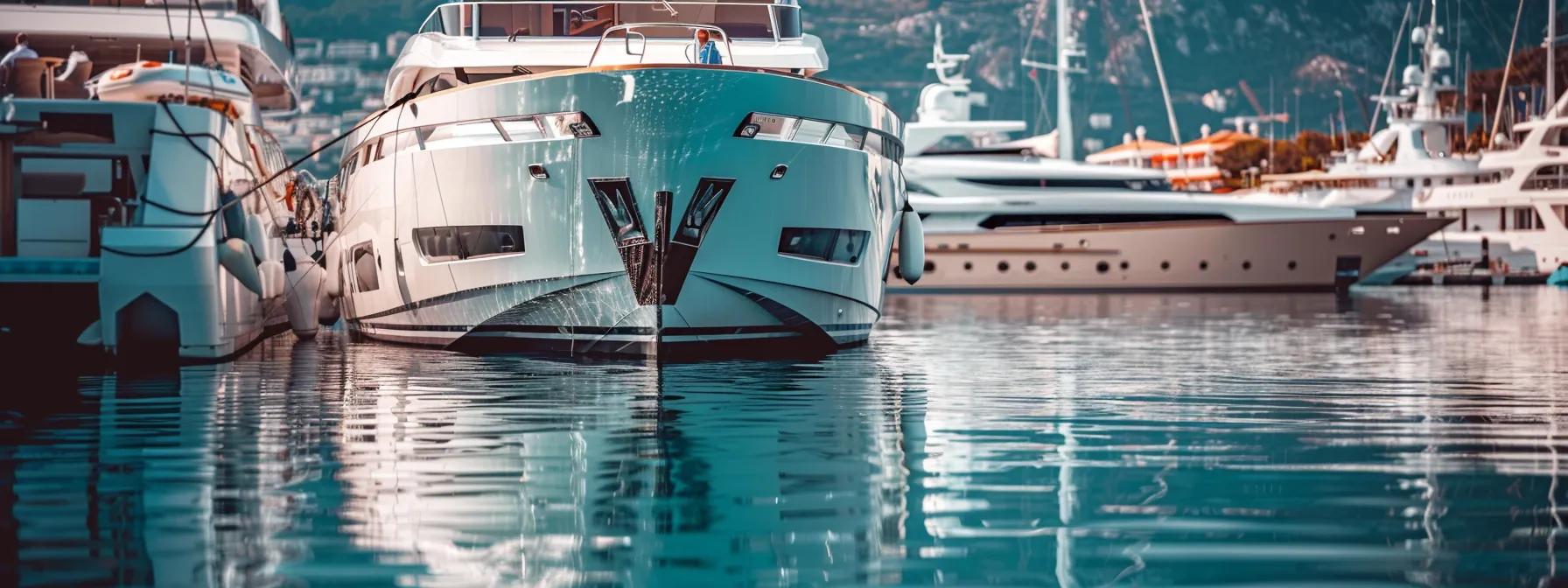 a sleek, modern yacht docked at a vibrant marina, surrounded by luxury boats, with a clear view of individuals discussing plans at a polished conference table inside the yacht, emphasizing the meticulous preparation needed for a seamless holiday experience.