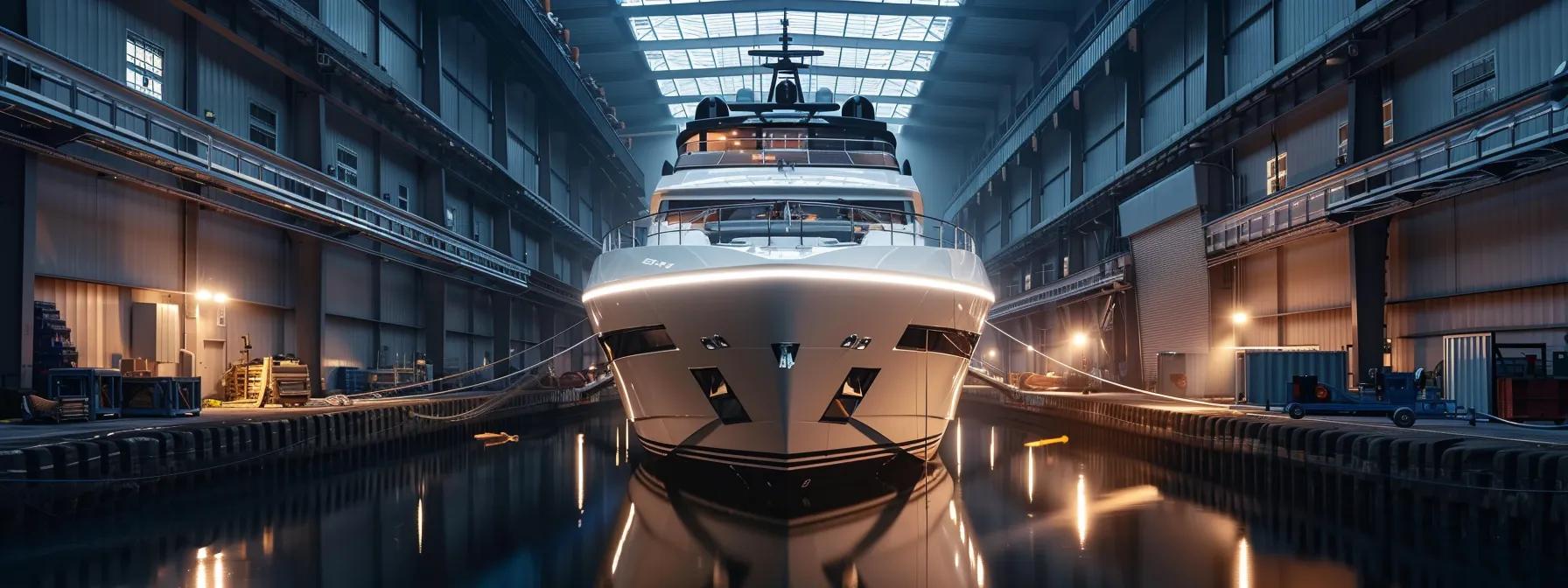 a sleek, modern yacht docked in a well-equipped repair facility, showcasing skilled technicians meticulously inspecting the vessel's hull under bright industrial lighting, emphasizing the importance of expertise in yacht maintenance.