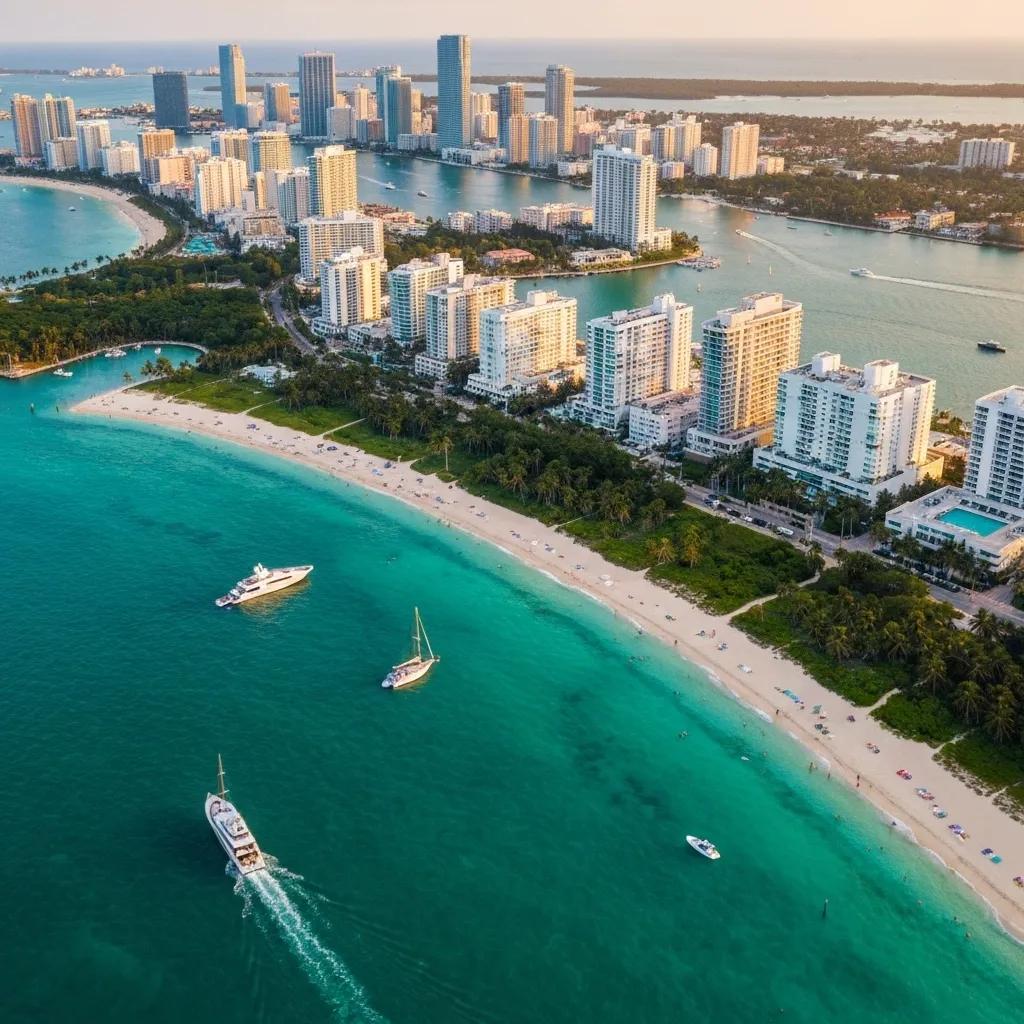 An elevated perspective of Biscayne Bay, dotted with elegant yachts and the vibrant expanse of Miami Beach.