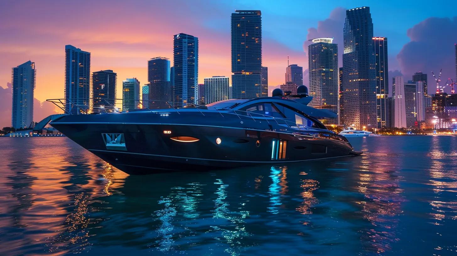 a luxurious yacht decorated with elegant furnishings glides through the vibrant waters of miami, reflecting the city's skyline as price comparisons for charters are displayed prominently on a sleek tablet in the foreground.