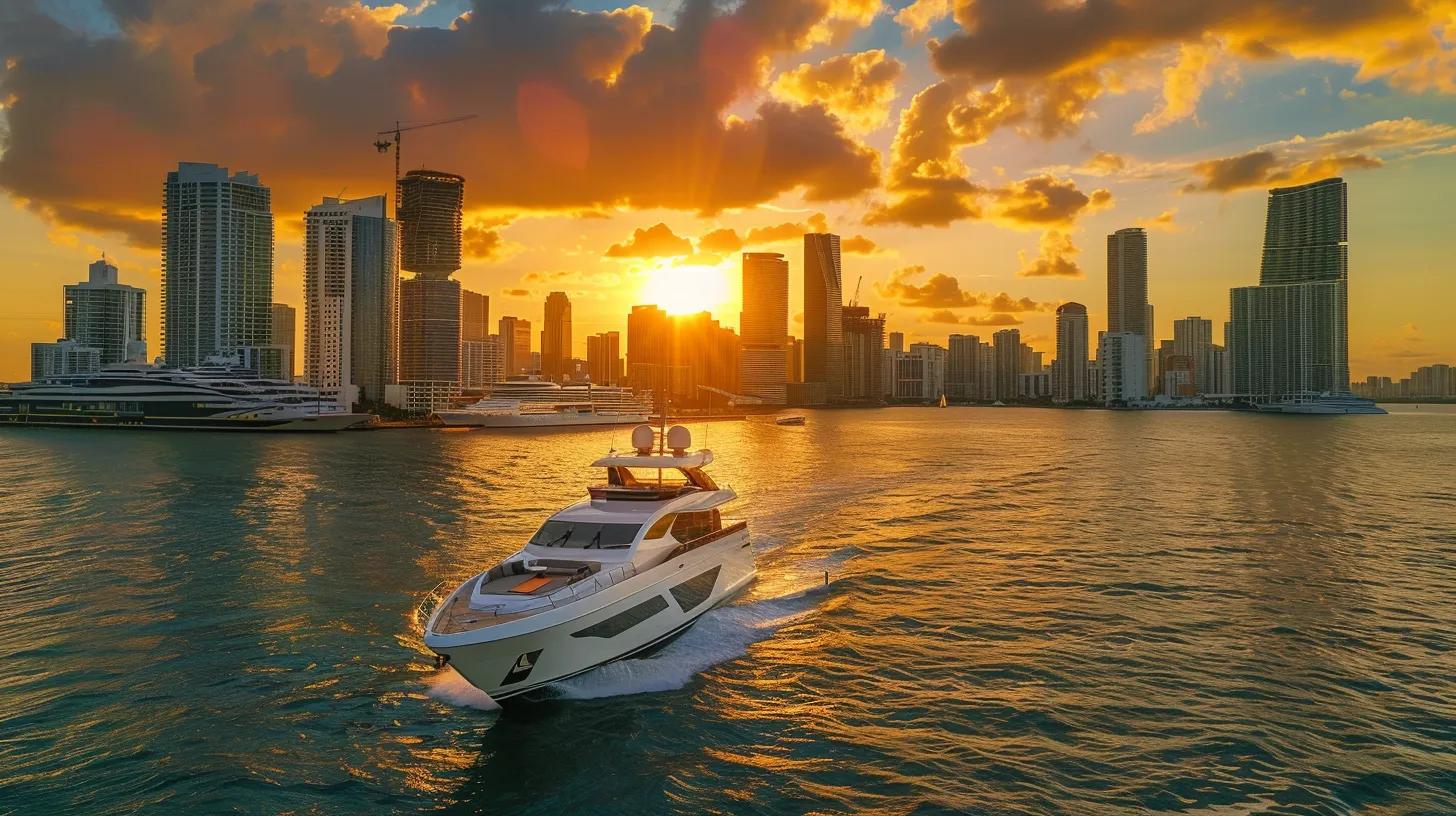 a luxurious yacht glides through the vibrant miami skyline at sunset, showcasing the opulence of high-end charters while a budget-friendly vessel sails nearby, illustrating the contrasts between luxury and affordability in yacht experiences.