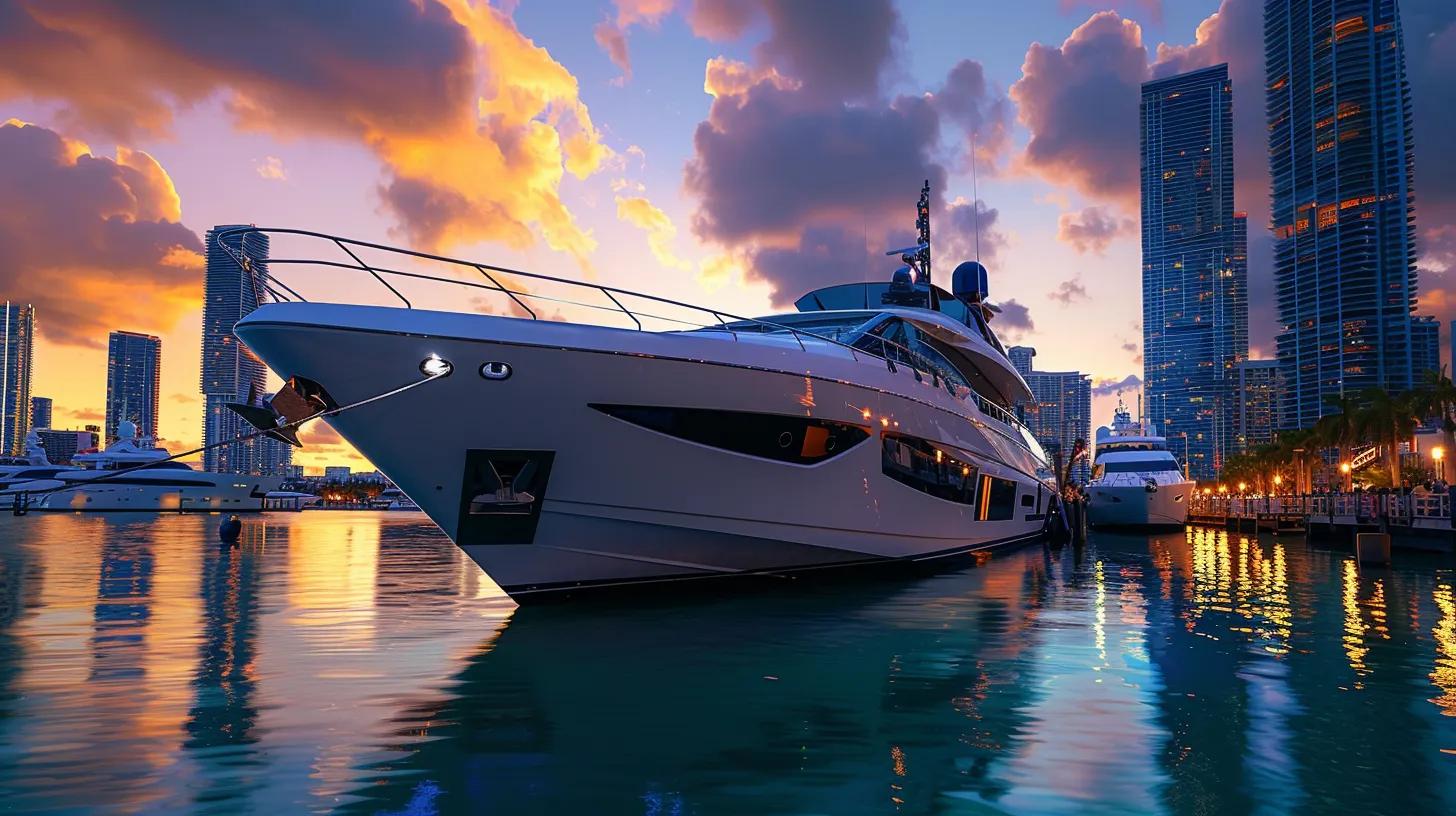 a sleek, luxurious yacht docked at a bustling miami marina under the vibrant skyline, showcasing a range of sizes and styles available for bareboat rentals.