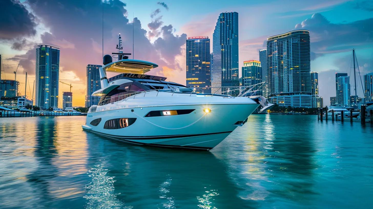a sleek luxury yacht is anchored in the vibrant turquoise waters of miami's bustling marina, with the city skyline and upscale waterfront dining in the background, capturing the essence of high-end charter destinations.
