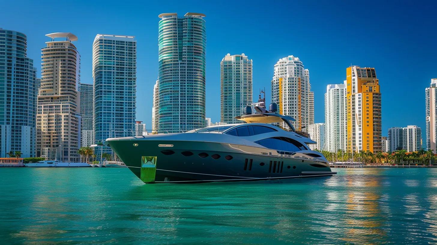 a sleek, modern yacht anchored in the vibrant miami waterfront, with a backdrop of colorful high-rise buildings and a clear blue sky, showcasing the essence of a luxurious bareboat rental experience.