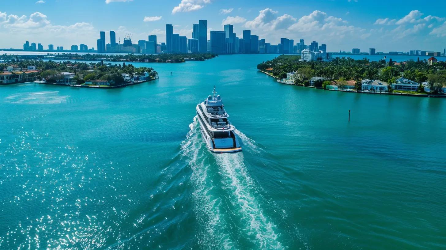 a vibrant aerial view of a sleek bareboat yacht gliding through the turquoise waters of miami, with the iconic city skyline and luxurious waterfront properties in the background, perfectly encapsulating an adventurous sailing experience.
