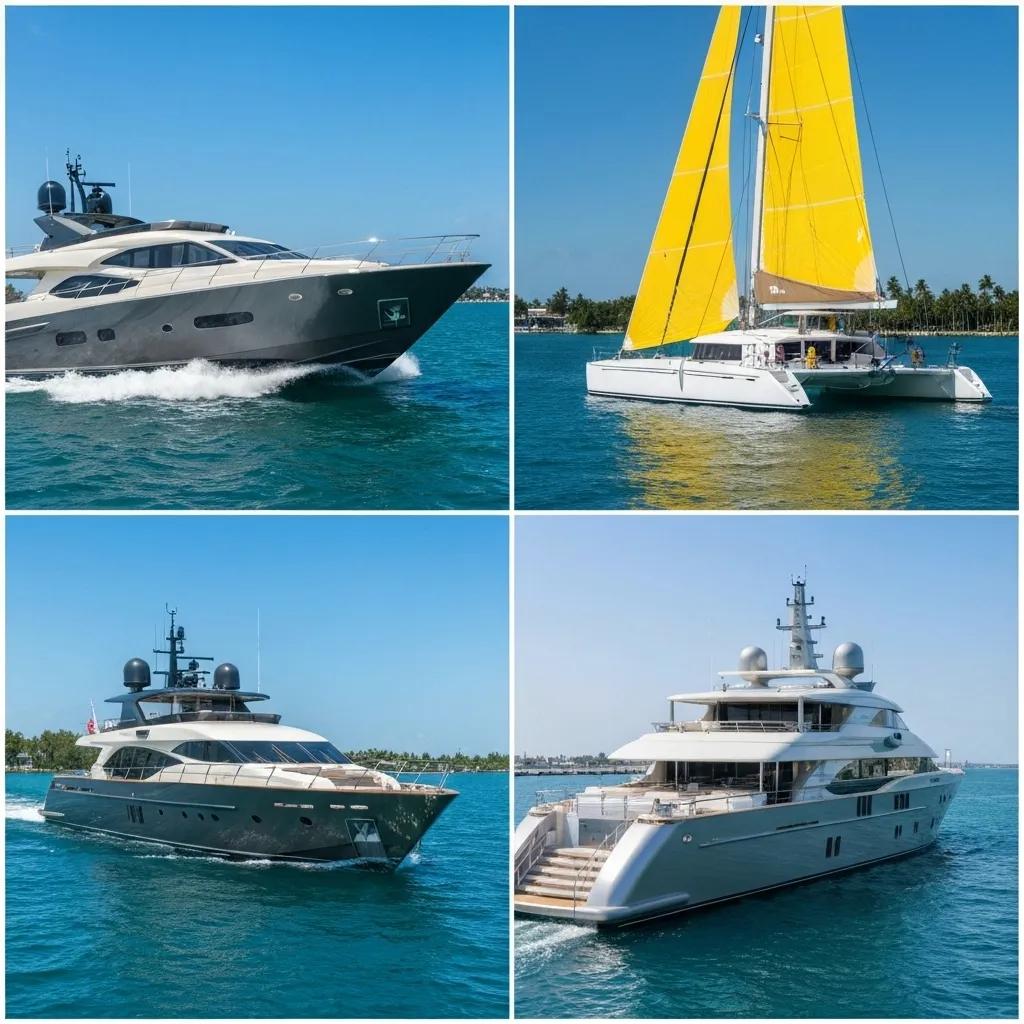 A sophisticated collage showcasing a sleek motor yacht, a stable catamaran, and a grand superyacht anchored in the vibrant Miami harbor.