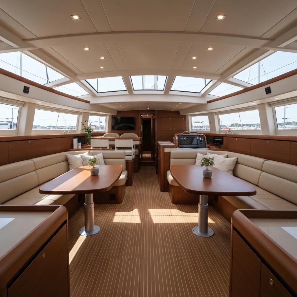 An elegant interior view of the Lagoon 42 catamaran, highlighting its sophisticated design and spacious, inviting layout.