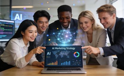 Business professionals collaborating on AI strategies in a modern office environment