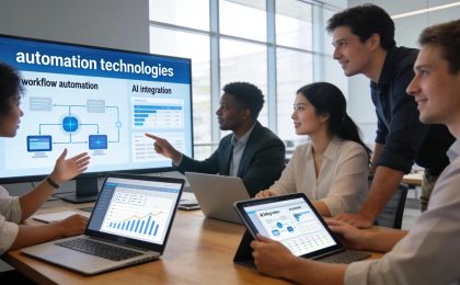 Business professionals engaging with AI automation technologies in a modern office setting.
