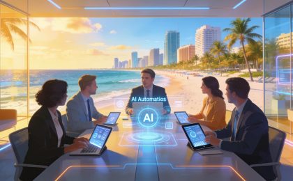 Miami Beach skyline with professionals discussing AI automation services at digital devices