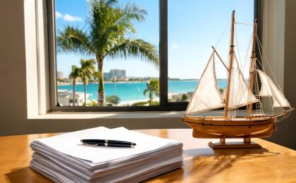 Stack of official maritime documents including a USCG Certificate of Documentation and a yacht purchase agreement on a desk at a Fort Lauderdale brokerage office