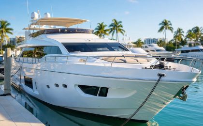 A luxury motor yacht moored at a Fort Lauderdale marina under bright summer sun with clear blue sky
